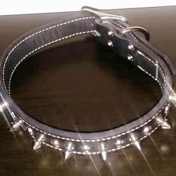 NEW BLACK LEATHER STUDDED SPIKED SILVER METAL CHROME PET DOG COLLAR PUPPY PET LEASH NEW W/O TAG 22"