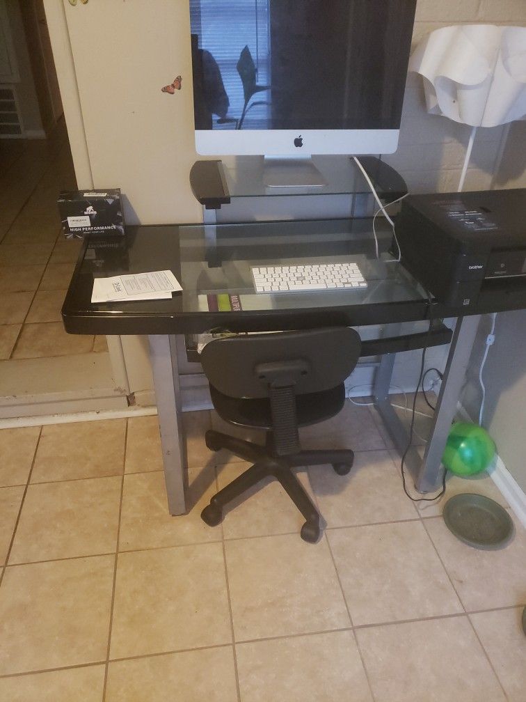 Computer Desk And Chair W/ Triple Desk Top, Glass And Black Trim