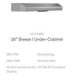NEW Zephyr Breeze I 36" Under-Cabinet Range Hood - Stainless Steel