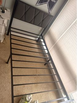 Twin Metal Bed Frame with Grey Upholstered Headboard