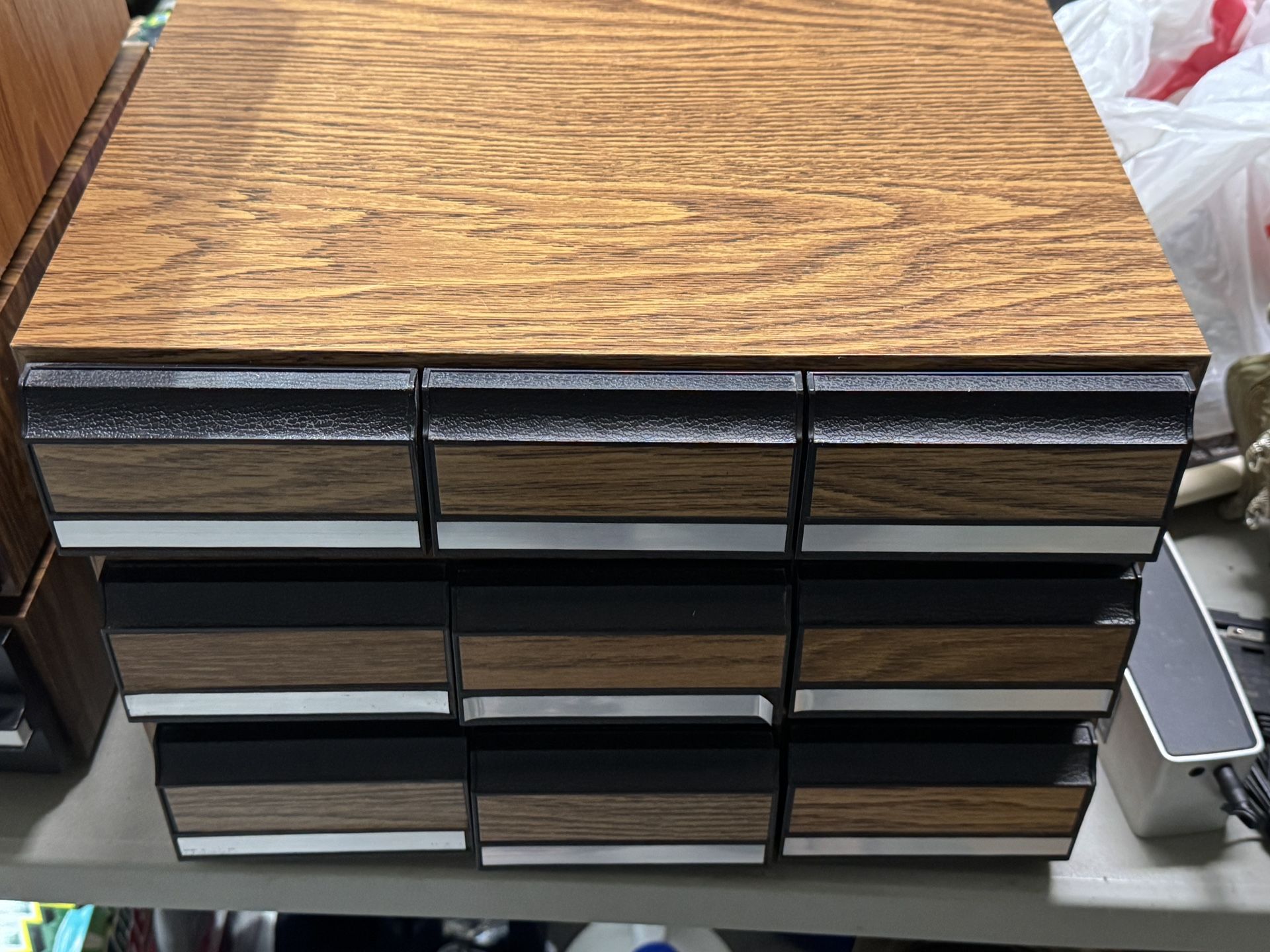 Lot of 3 Vintage Cassette Tape Cabinet 3 Drawer Holder Faux Wood Storage Case. Fantastic condition. Each holds 42 cassettes. Includes cassettes as sho
