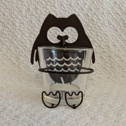 Candle Holder Black Metal Owl With Glass Bowl To Hold Tea Light Or Votive Candle 