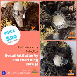 Beautiful Butterfly and Pearl Ring (size 9)