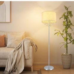 Crystal Floor Lamp for Living Room Modern Standing Lamp for Bedroom, Chrome Finish 64” Tall Pole LED Floor Lamp, 9W Bulb Included, Fabric Shade, Silve