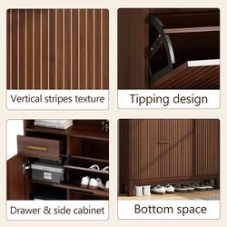 43-inch shoe cabinet with storage, power outlet, and LED light, featuring drawers and closed doors, walnut color