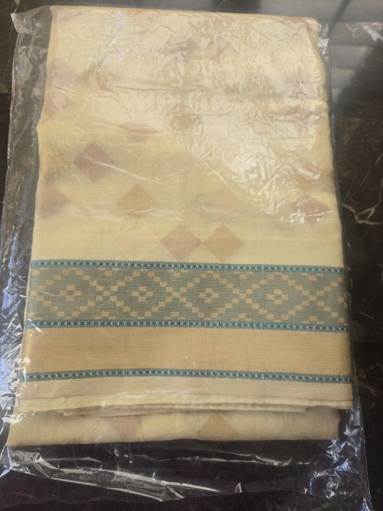 New Buttery Yellow Soft Linen Saree With Blue Border & Gold, Silver, Copper Diamond Zari Work