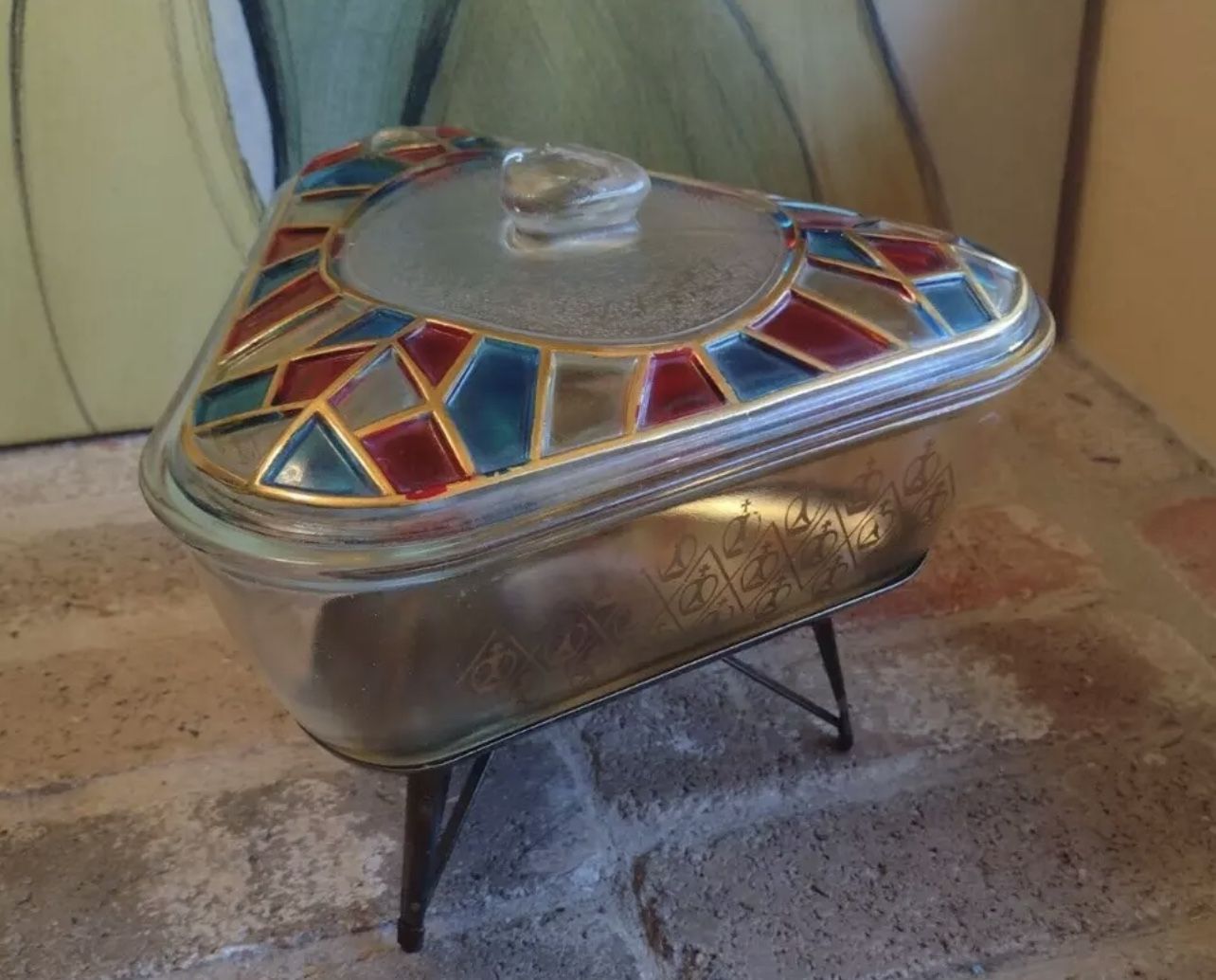 Vintage Inland Stained Glass Renaissance Casserole Dish And Warmer