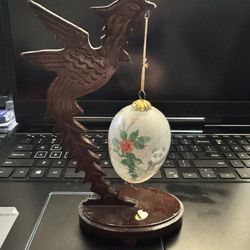 Vintage Asian Hand Blown Reverse Painted Hanging Glass Egg w/ Wood Stand