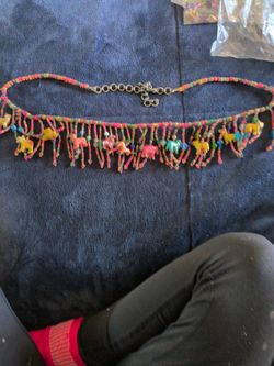 wood ethnic necklace three layer wood & glass & carved animal beads