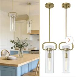 Brass Clear Glass Cylinder Pendant Lights 2-Pack for Kitchen Island, Modern Mini Hanging Ceiling Light with E26