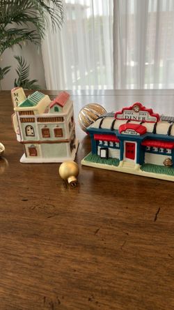 Vintage 1999 Santa's Best Ceramic Light-Up Buildings (Diner & Movie Theater Set)