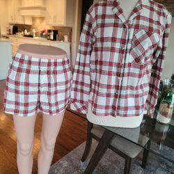 Women's XS Flannel Pajama Set. 100% Cotton - Auden.  Long sleeve Shirt & Shorts