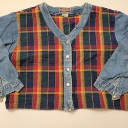 Vintage Women's 1990s North Crest Denim & Quilted Plaid Button Down Top Sz Large