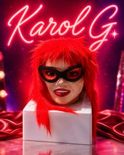Karol G Red Wig with Black Masquerade Mask