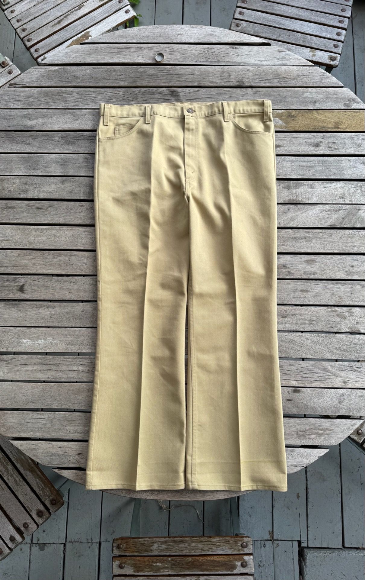vintage 1980's Levi's® Staprest 517 western bootcut pants in a khaki yellow color