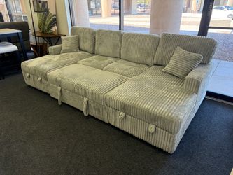 Light Green Corduroy Sectional Sofa with Storage
