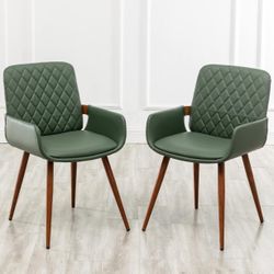 Faux Leather Dining Chairs Set of 2, Green, Upholstered Seat, Metal Legs, Adjustable Foot for Kitchen Dining Room Desk Chairs