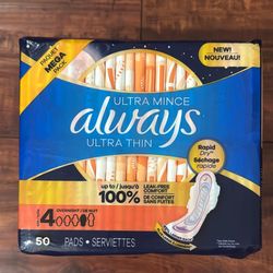 Always ULTRA THIN Pads With Wings:; Leak Free Comfort: Size 4; OVERNIGHT 50 Count