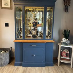 Refinishede One-Piece China Cabinet – Gentleman’s Gray with Gold Wood Inlay