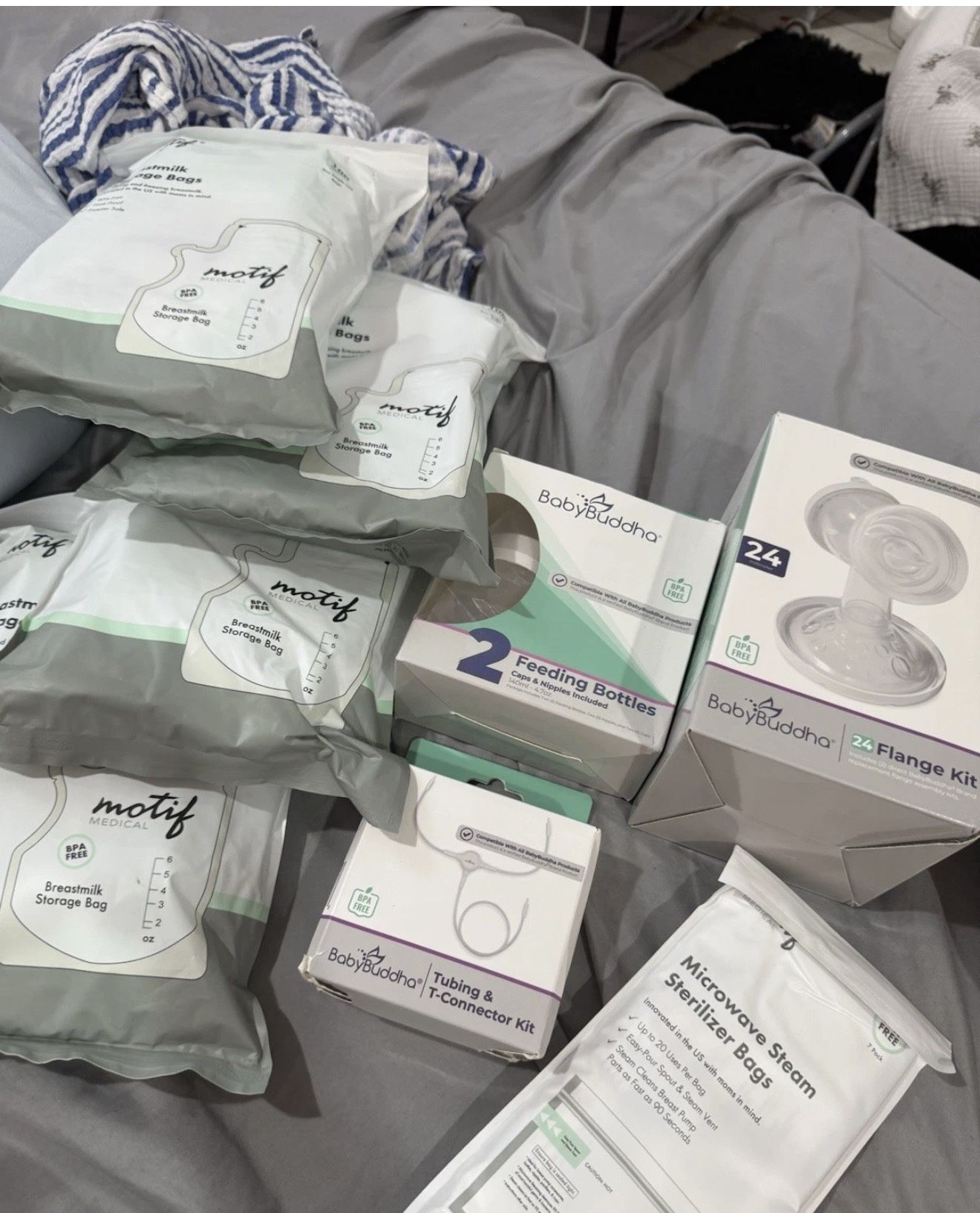 Motif Breastmilk Bags & Steam Bag; Baby Buddha Flange Kit, Tubes & Bottles