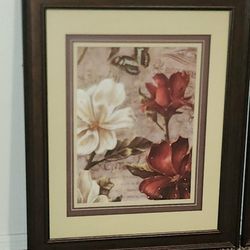 VINTAGE BOTANICAL MAGNOLIA FLORAL FLOWER BUTTERFLY WOODEN FRAME ACCENT TABLE WALL ART PICTURE DECOR