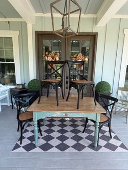 French country farm table with drawer and 4 Bentwood crossback chairs