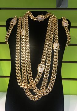 Brand New 18kt Gold over Stainless Steel 14mm Miami Cuban Link Chain and Bracelet set