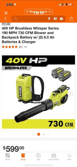 RYOBI 40V HP Brushless Whisper Series 190 MPH 730 CFM Blower and Backpack Battery w/ (2) 6.0 Ah Batteries & Charger  New  