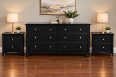 3 pcs black dresser set with Golden knobs  in excellent condition  delivery also available