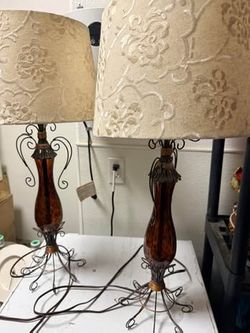 Pair of Decorative Glass Table Lamps – Ornate Wrought Iron Base + Shade