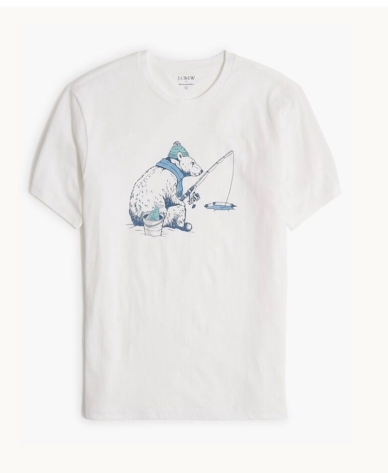 New Men’s Ice Fishing Polar Bear White Graphic Tee Size Small Style CD879