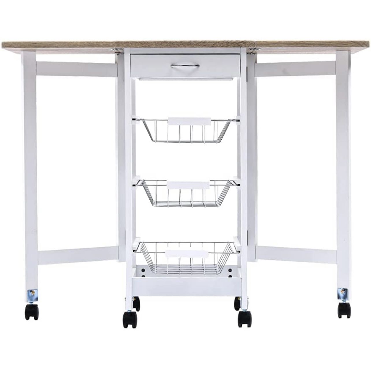 5 in 1 Kitchen Island with 3 Spice Rack & 1 Drawer, Portable Folding Kitchen Island Storage W/Wheels, Pantry Cabinets Bar Cart W/Baskets, Durable (Whi