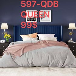 Queen Size Velvet Bed Frame/Vertical Channel Tufted Wingback(597-QDB