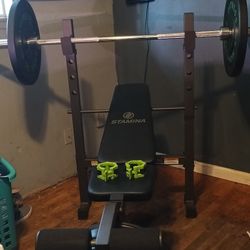 Weight Bench With Weights, Bar, Clamps