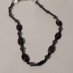 Vintage  Purple & Black Beaded and Dark Silver Chain 