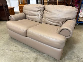 LA-Z-BOY Cool Brown Leather Roll Arm Loveseat with Contrast Stitching