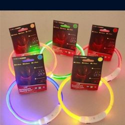 Rechargeable LED dog collar. Size is adjustable. Charges with USB cable which is included.