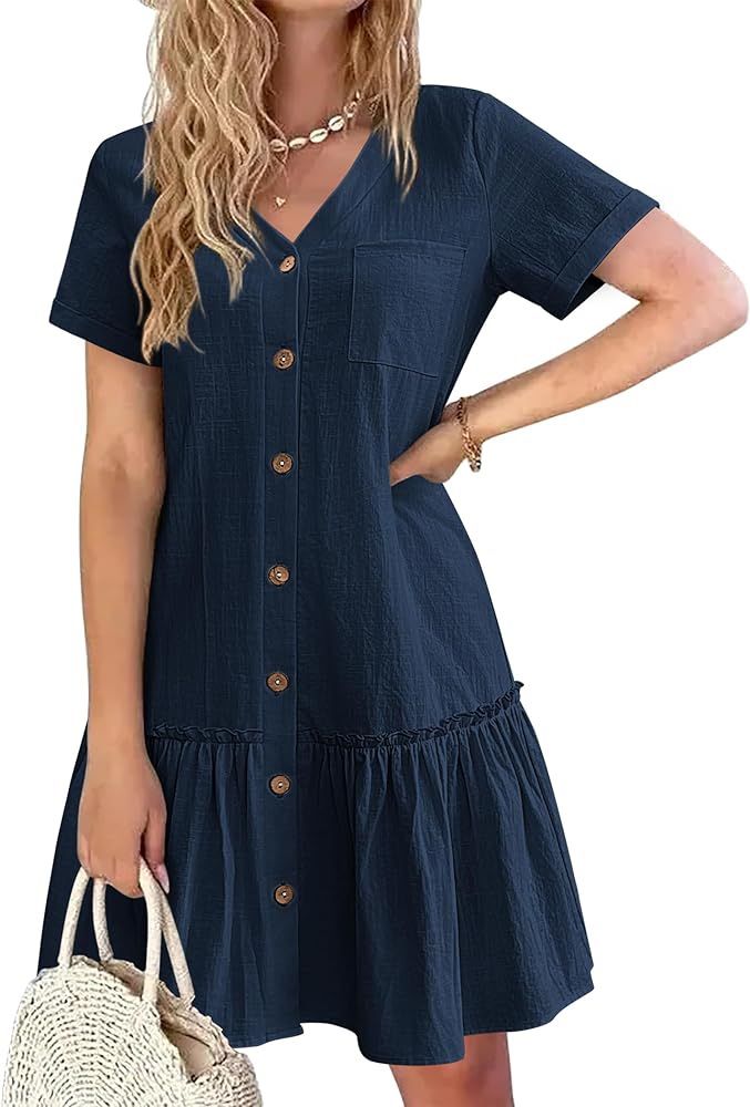 HOTOUCH Women Button Down Dress Loose Summer Cotton Linen Dress Ruffle Hem Casual Dress Short Sleeve Tunic Dress