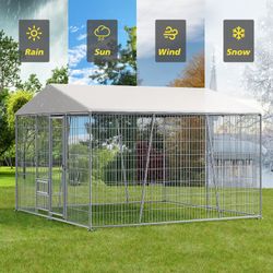 10 x 10 x 7 FT heavy-duty outdoor dog kennel with feeding bowl, full coverage waterproof roof, easy-to-assemble wire mesh fence with secure lock. 