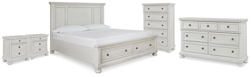 Robbinsdale Antique White King Panel Storage Bed, Dresser, Chest and 2 Nightstands