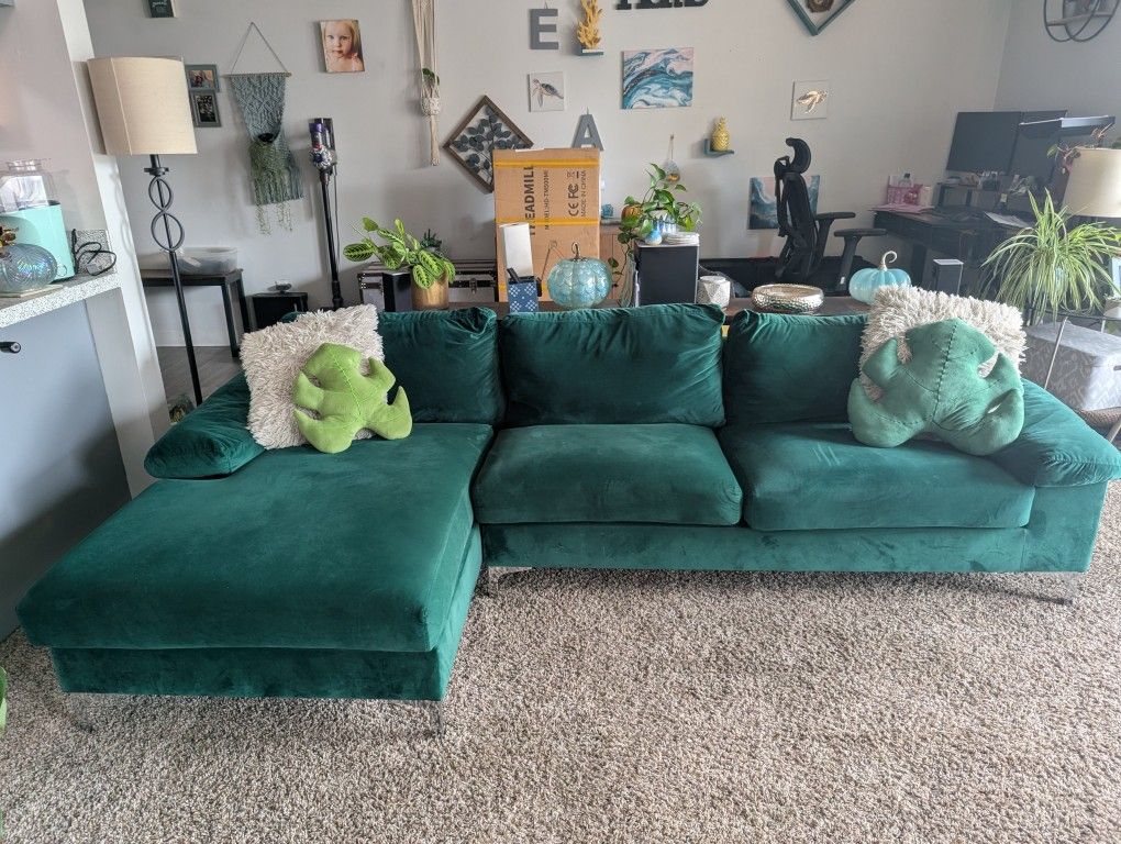 Green Faux Velvet Couch