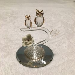 Glass Owls & Flower Figurine on Mirrored Stand 