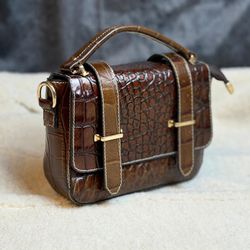 Crocodile brown genuine leather women’s handbag top handle crossbody bag 