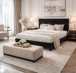 Queen bed Platform Bed Frame with Fabric Upholstered Headboard and Wooden Slats Support, Fully Upholstered Mattress Foundation/No Box Spring Needed/Ea
