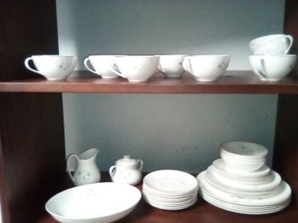 White Porcelain Dinnerware Set with Silver Trim