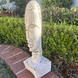 Vintage Large cast stone Pacific Islander Statue Tiki Primative Decorative Stone Sculpture 16” tall  Aged Weathered Cracked Chipping Collectible Rare 