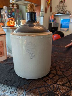 Antique, vintage ceramic stoneware Macomb ILL blue ribbon Buckeye pottery whiskey two tone whisky jug, crock
