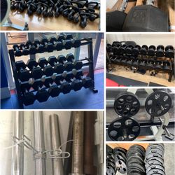 Tons Of Hex Dumbbells, Olympic Weight Plates, Curl Bars, Barbells, Squat / Power/ Hack Racks, Leg Press, Smith Machine