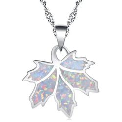 Fashion Silver Simulated Opal White Leaves Pendant Necklace 