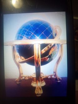 Gemstones inlay world globe with brass stand and compass